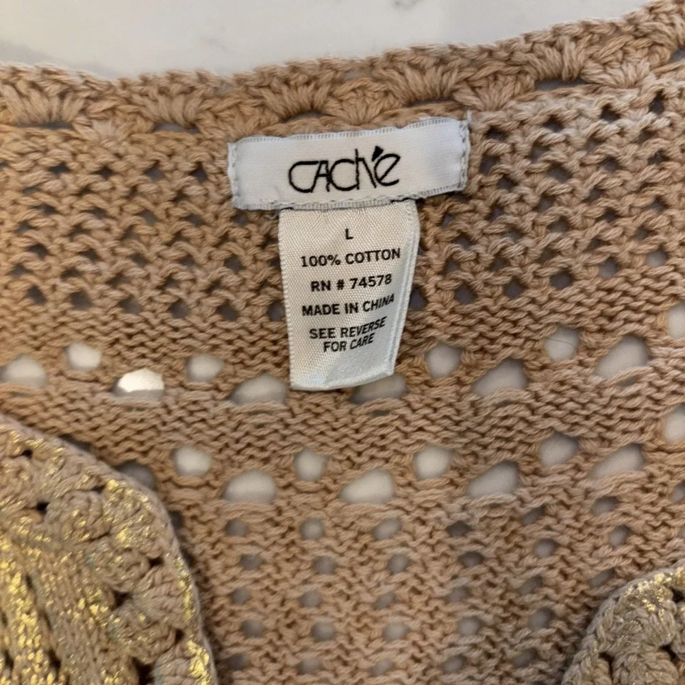 Cache Gold Metallic Short Sleeve Cardigan Size Large 100% Cotton Crochet EUC - Picture 3 of 7